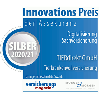 TIERdirekt Innovationspreis - Digitalisierung 2020/2021 Silber Krankenversicherung für Tiere - TIERdirekt Innovationspreis - Digitalisierung 2020/2021 Silber